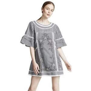 Free People Womens Sunny Day Shirt Dress Medium Black Checkered Lace Embroidered